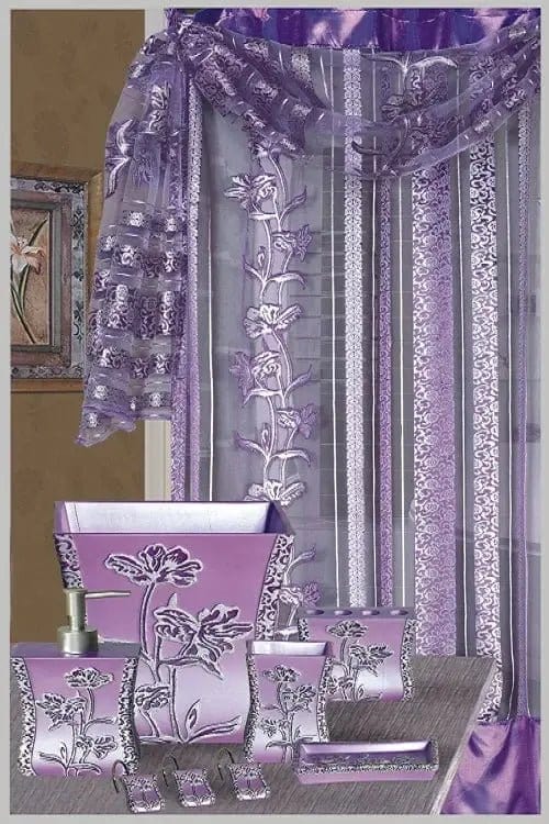 Linen World Shower curtain with scarf Paris Purple Complete Shower Curtain Set with Scarf