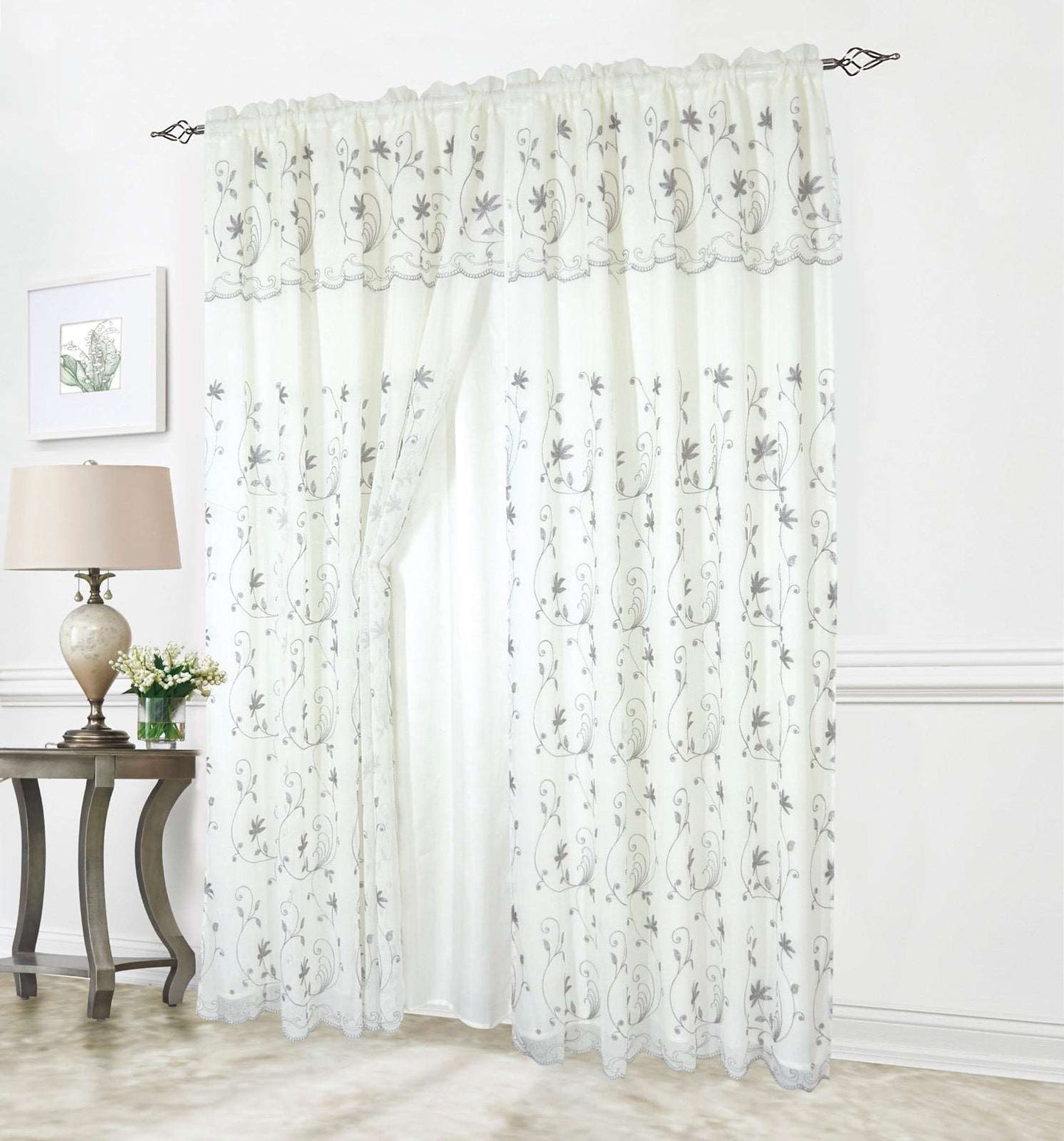Linen World Silver / 63" inches Liliana Floral Embroidered Rod Pocket Window Panel With Valance and Backing