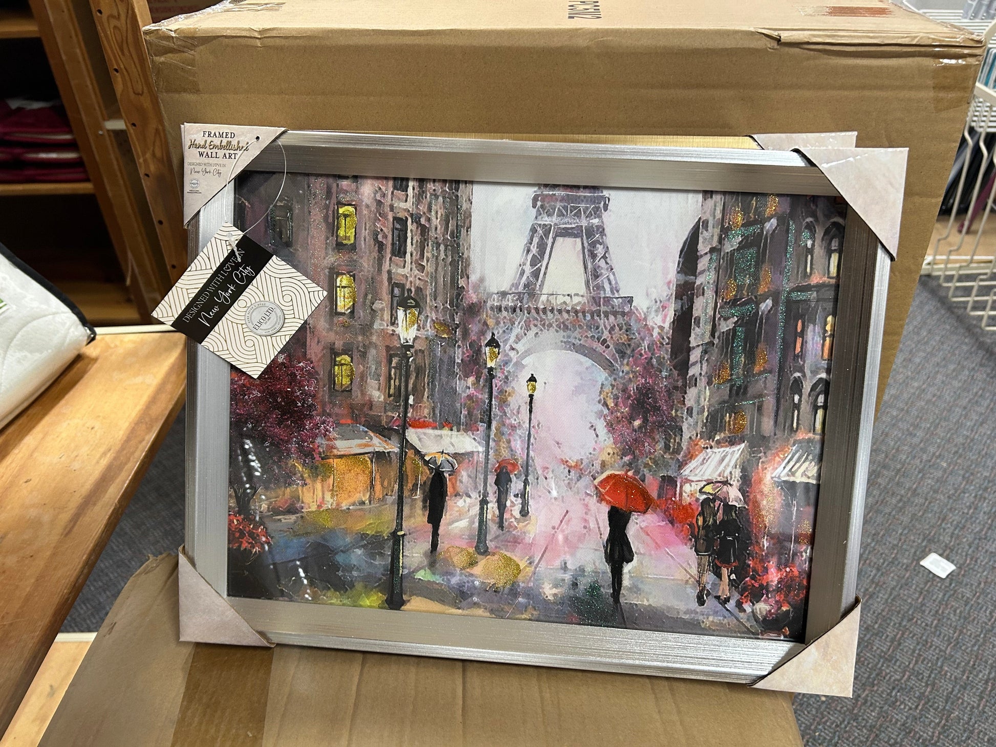 Linen World Silver / Rainy Eiffel Framed Foil Art City Scene