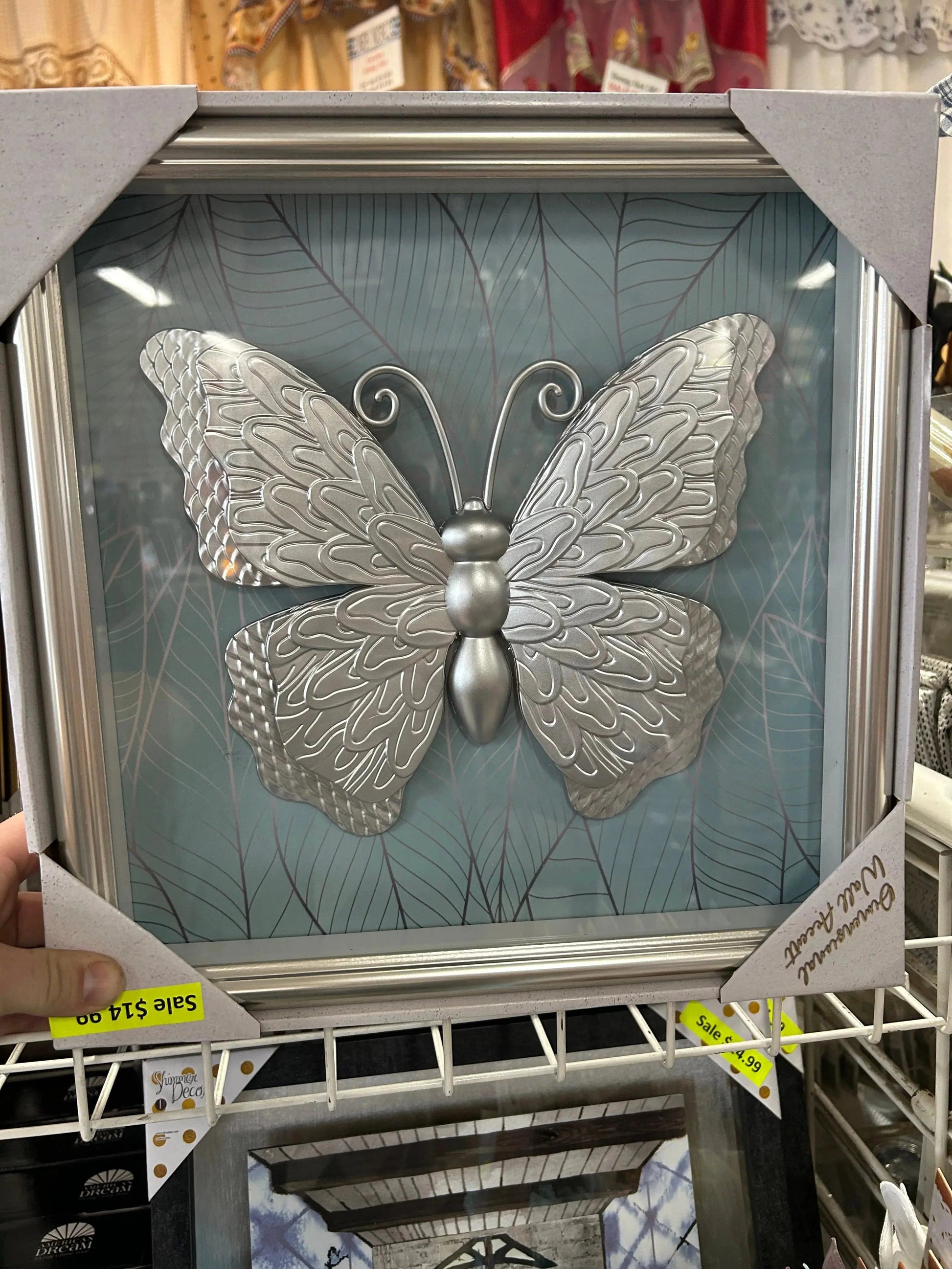 Linen World Silver/silver light blue 14”x14” Framed Metallic Butterfly