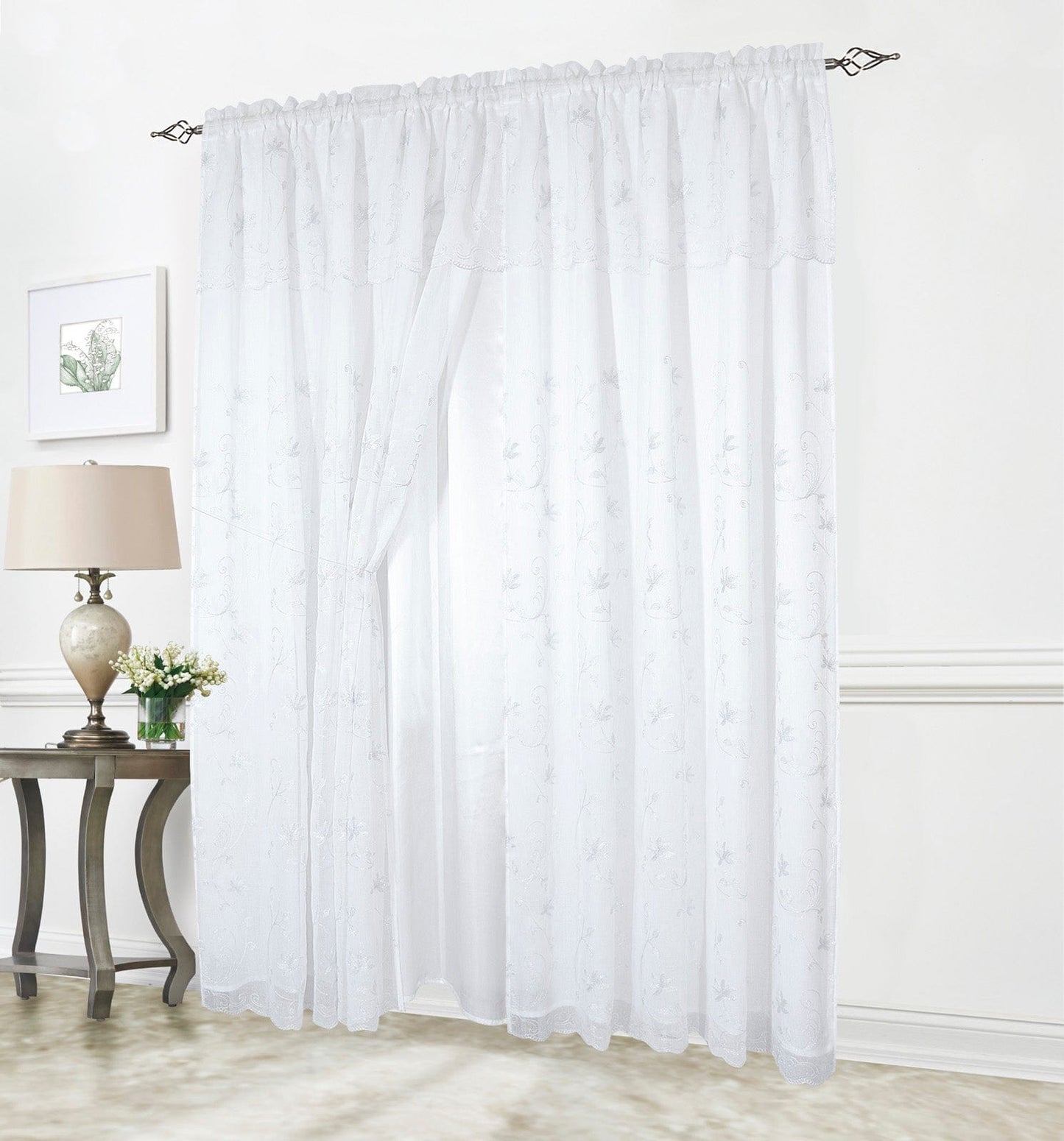 Linen World White / 63" inches Liliana Floral Embroidered Rod Pocket Window Panel With Valance and Backing