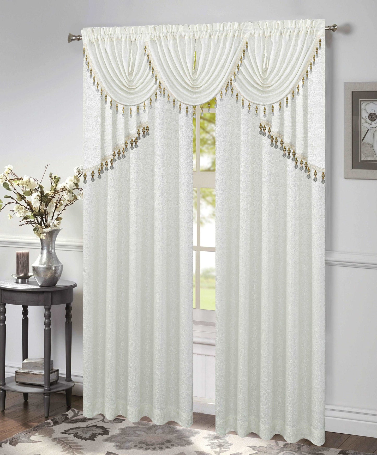 Linen World White “Angelina” Rose Jacquard Rod Pocket Curtain Panel