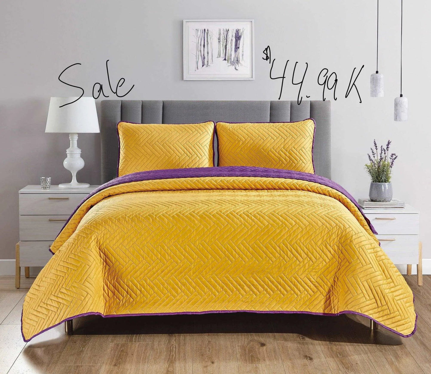 Linen World Yellow/Purple / King “Sutton” 3 piece reversible quilt set complete with 2 shams